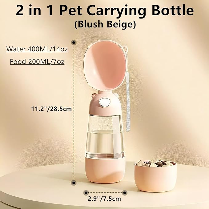 2 in 1 Dog Water Bottle with Food Container, Portable Dogs Water Dispenser, Outdoor Drink Bottles for Puppy, Cat, Pet, Essential Items for Travel, Walking, Hiking, Pet Accessories (Blush Beige)