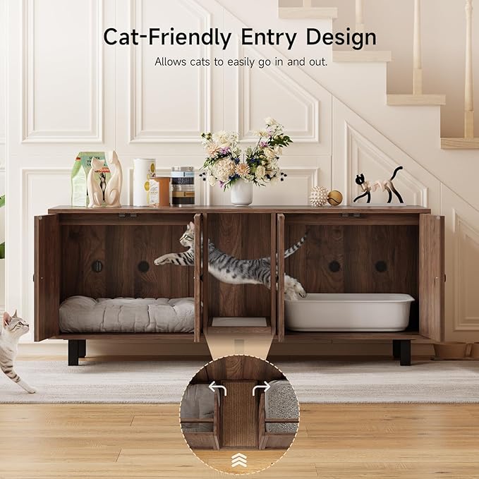 59 Inches Cat Litter Box Enclosure for 2 Cats, Hidden Litter Boxes Furniture with Cat Scratch Pad, Large Indoor Pet House with Double Room, Wooden TV Stand Side Table, Walnut