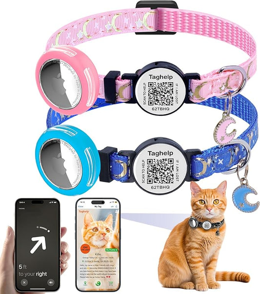 2PCS Breakaway Cat Collars with Bell & Moons Stars Design - Cute Adjustable Kitten Collars with Glow in The Dark Pendant & Waterproof AirTag Holder - Safe & Stylish for Cats(Pink&Blue)
