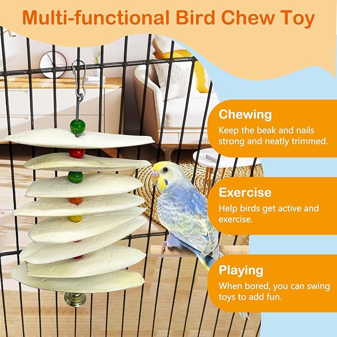 3 Pack Bird Chewing Toy Cuttlebone Parrot Toy with Bell Hanging Bird Beak Grinding Stone Parakeet Cage Accessories for Small & Medium Budgies Lovebirds Cockatiels (Flake,8 Per Skewer)