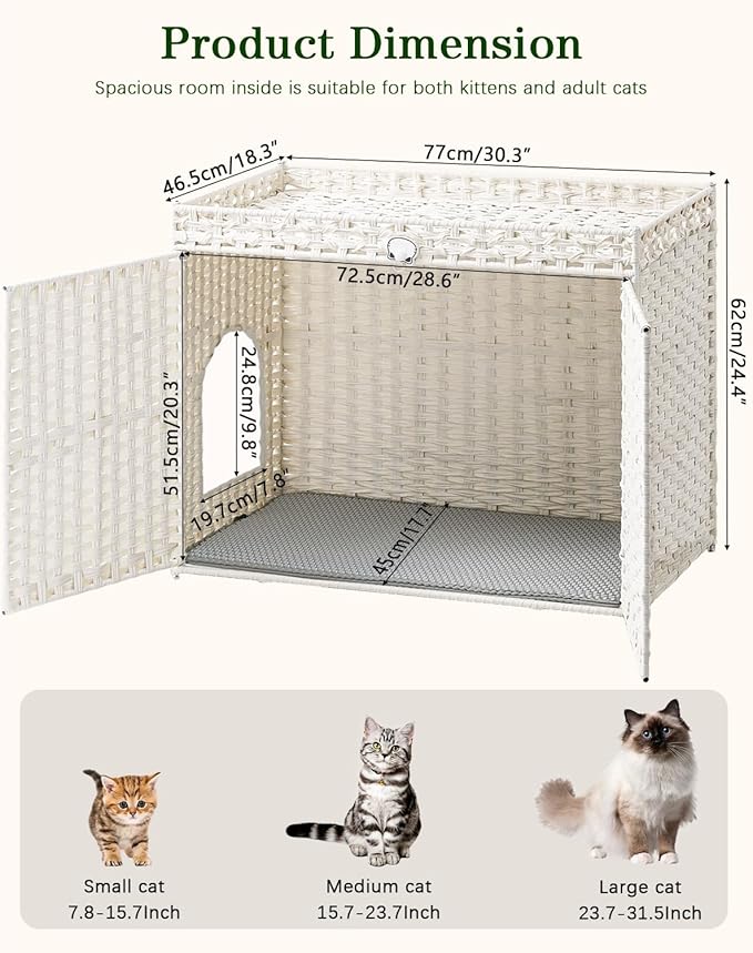 Cat Litter Box Enclosure Furniture, Handwoven Rattan Hidden Litter Box with Mat, Large Space Cat House with 2 S-Shaped Hooks 30.3 x 18.3 x 24.4 Inches, Indoor for Living Room Apartment White