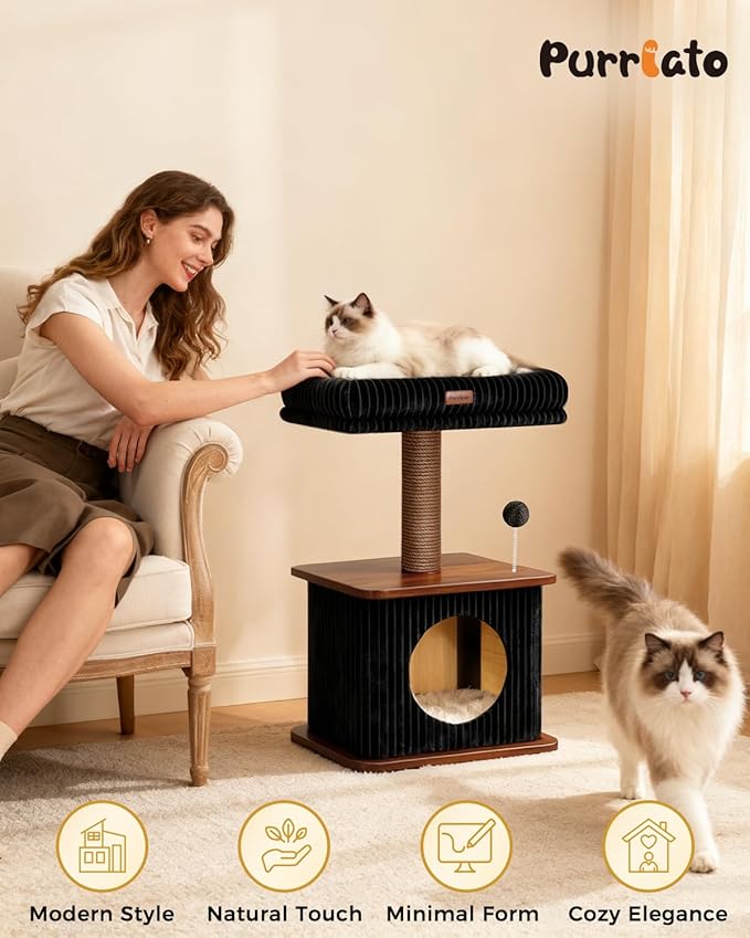 Modern Cat Tree for Indoor Cats, Nordic Loft Style, Wooden Cat Tower with Sisal Scratching Posts, Soft Padded Beds & Cozy Condos, Floor-Mounted for Kittens & Adult Cats