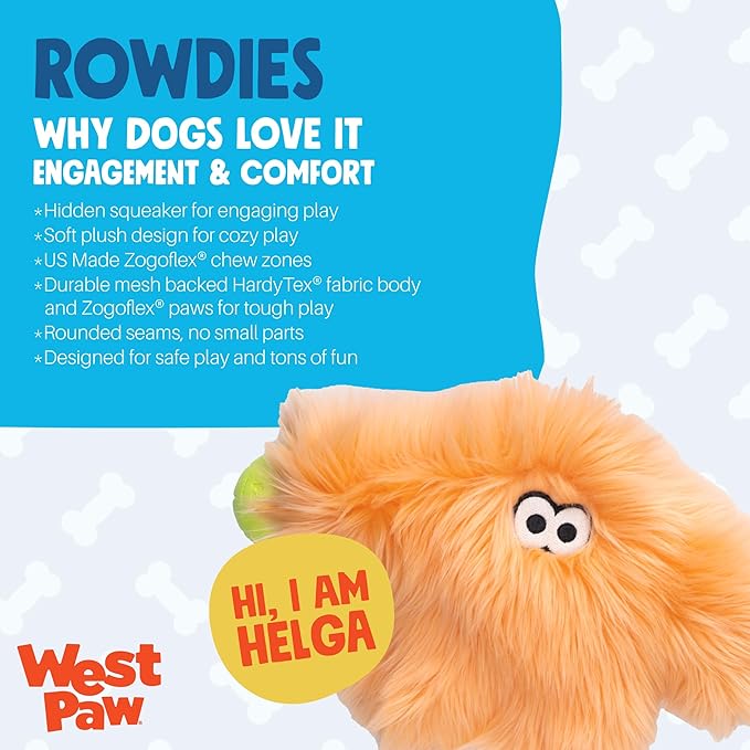 WEST PAW Rowdies Helga Durable Plush Dog Toy with Reinforced Seams Chew Resistant HardyTex Fabric and Interactive Squeaker for Safe Indoor and Outdoor Playtime Bundle for Dogs - Melon