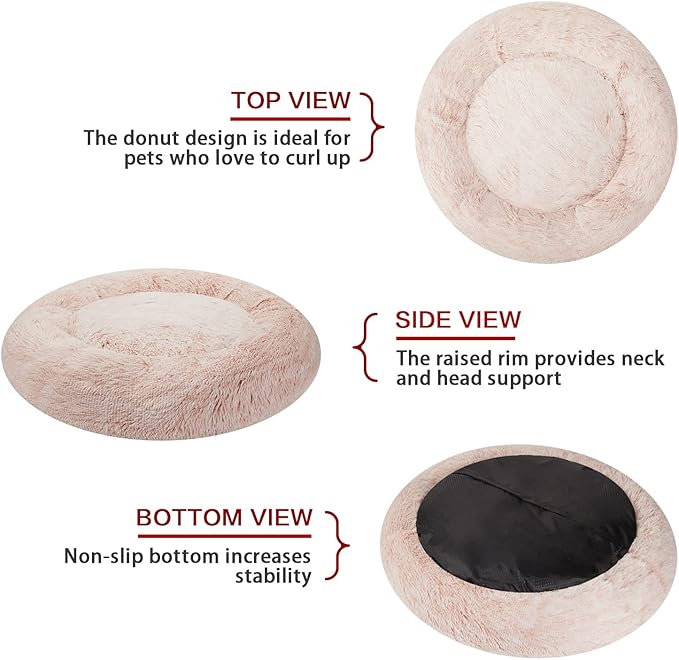 Bedfolks Calming Donut Dog Bed - 36" Round, Fluffy, Anti-Anxiety, Machine Washable Pet Bed (Pink, Large)