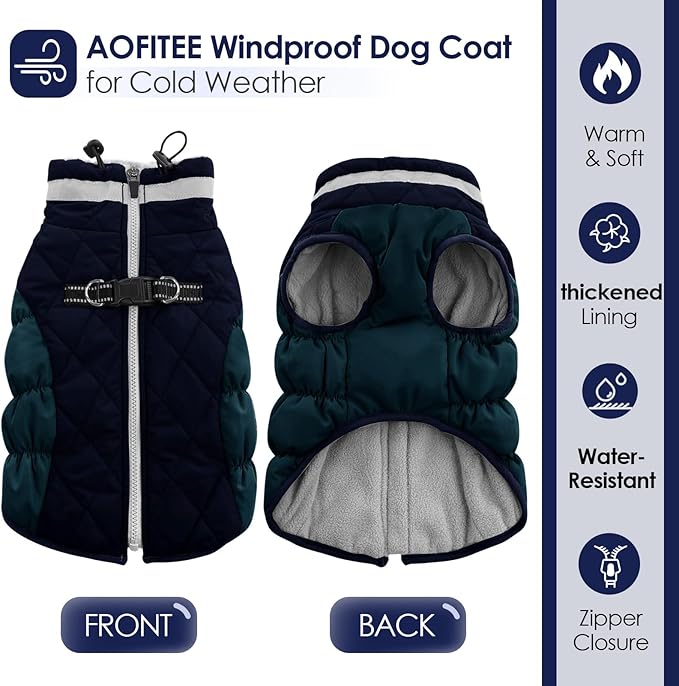 AOFITEE Dog Coat, Warm Dog Winter Coat for Large Dogs, Reflective Turtleneck Dogs Jacket with Harness Built in, Waterproof Windproof Pet Puffer Jacket Fleece Vest for Cold Weather, Navy XXXL