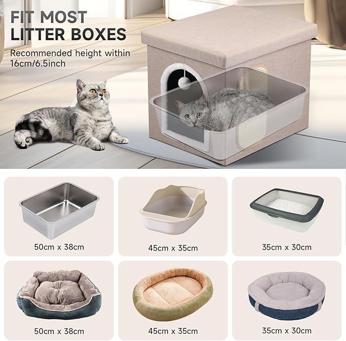Cat Litter Box Enclosure, Foldable Hidden Litter Box with Mesh Storage Bag, Litter Box Furniture Hidden with Waterproof Inside, Easy Clean, Odor Control, Easy Assembly, 21.6”L x 17.7”D x 17.7”H, Beige