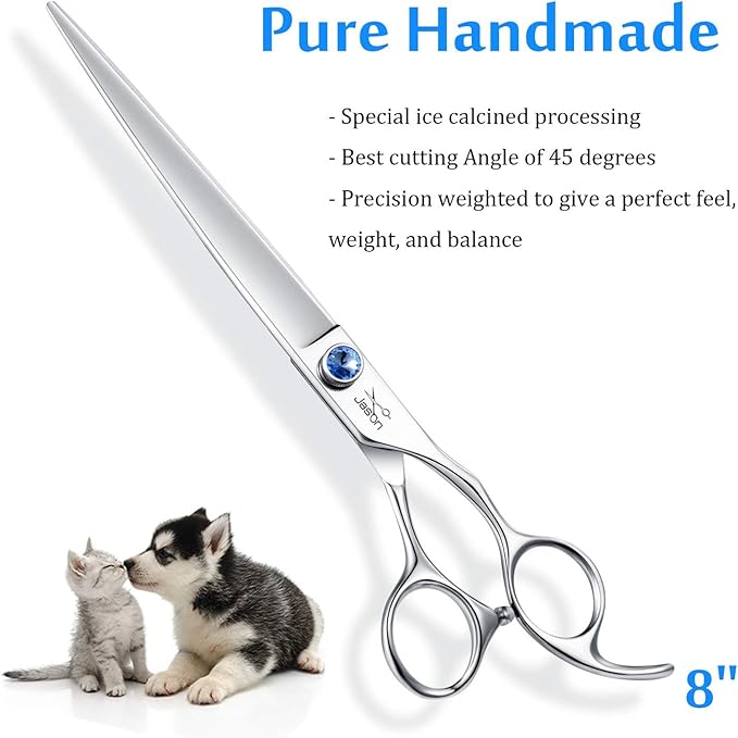 JASON 8" Straight Dog Grooming Scissors Long Pets Grooming Shears Premium Cats Trimming Kit with Offset Handle and a Jewelled Screw Sharp Comfortable Christmas Gift