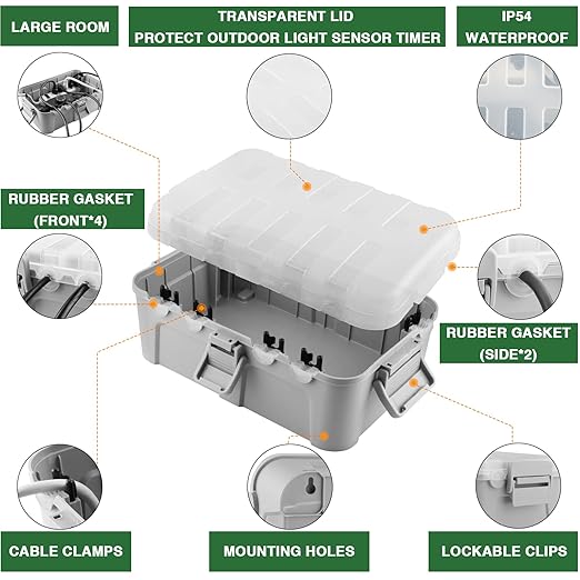 Flemoon Large Outdoor Electrical Box with Transparent Lid, IP54 Waterproof Box with Clear Cover, Weatherproof Extension Cord Cover for Photocell Light Sensor Timer, Power Strip, Outlet, Plug, Socket