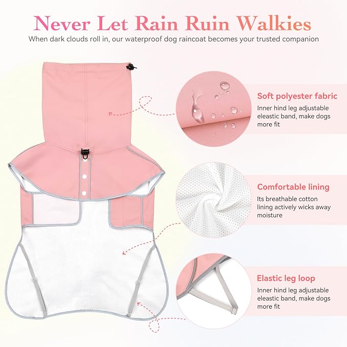 Reflective Dog Raincoat, Windproof & Waterproof Dog Rain Jacket, Adjustable Hooded Pet Poncho with Leash Hole for Small, Medium, Large Dogs(S-2XL) (Pink, XX-Large)