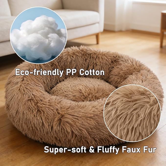Calming Donut Dog Beds for Small Dogs Kitten - Washable Removable Cover Non-Slip Bottom, Round Pet Bed Puppy Bed Warming Fluffy Faux Fur Anti-Anxiety, Fits up to 15 lbs (Camel, 20")