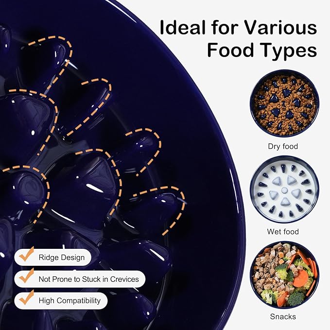 Sted Ceramic Slow Feeder Dog Bowl for Medium Large Breed, Puzzle Dog Food Bowl with Silicone Base, Maze Blue