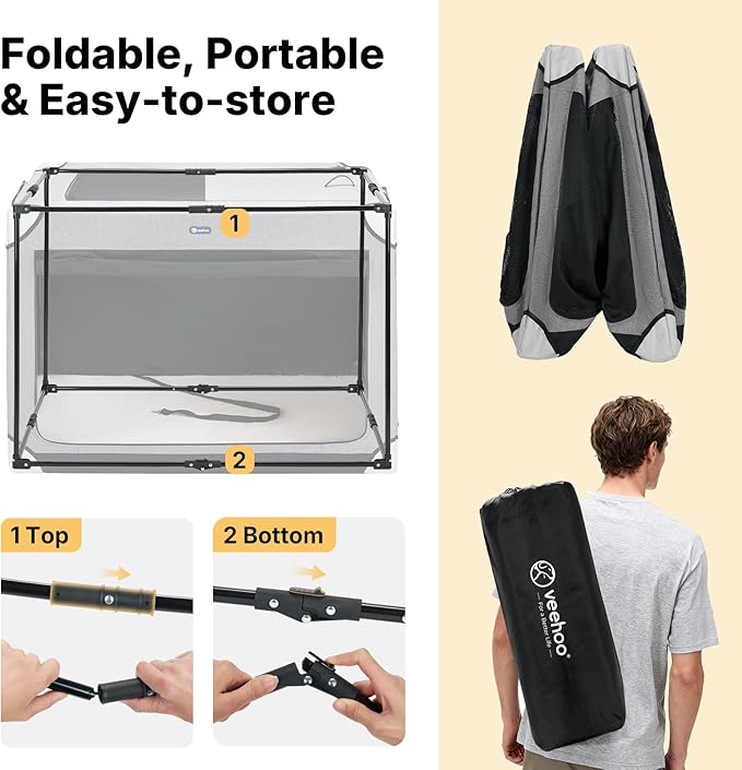 Veehoo Extra Large Dog Crate for Indoor Outdoor, Portable Collapsible Travel Dogs Crate, 48 Inch Soft Foldable Pet Kennel with 4-Door Mesh Windows