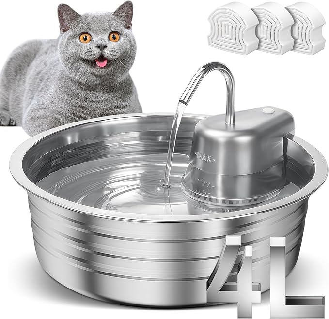 Cat Water Fountain, 4L/135OZ Stainless Steel Pet Fountain with 3 Filters Dog Water Dispenser, Dog Water Bowl Cat Drinking Fountains Watering Supplies with Ultra-Quiet Pump for Pets Indoor