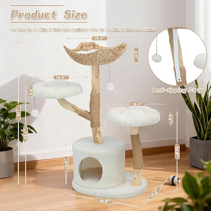 MOLACHI Modern Cat Tree Tower, 41in Tall Real Solid Wood Cat Tree for Indoor Big Cats, Plush Multi-Level Cat Condo with Sisal-Covered Scratching Posts, Dangling Ballor Fun Play, Ideal Pet Gift