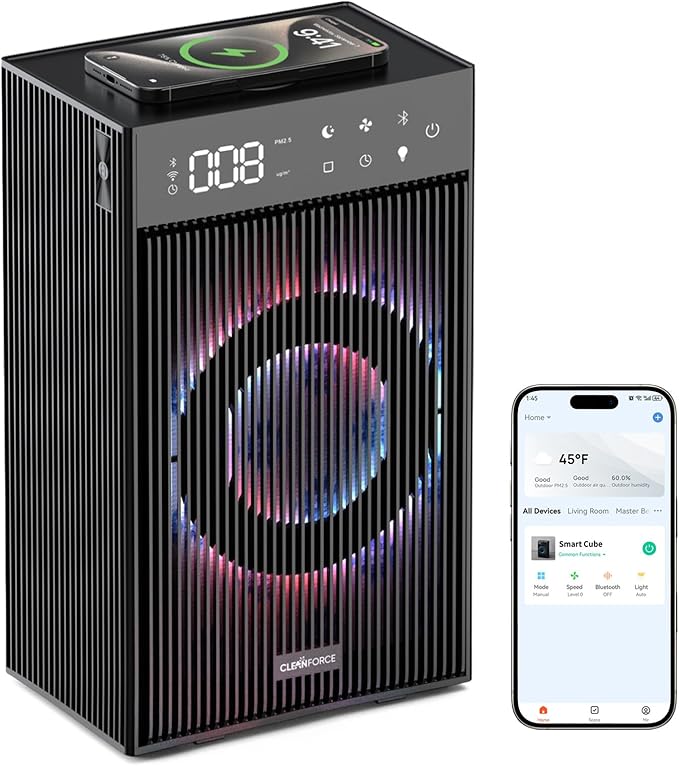 CleanForce Cube | 4-in-1 Desk Smart Air Purifier with Wireless Charger, Bluetooth Speaker & Cordless Diffuser | for Home Office, Bedroom | FCC Certified | Quiet & Space Saving