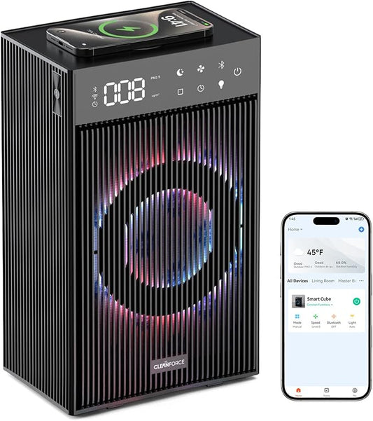 CleanForce Cube | 4-in-1 Desk Smart Air Purifier with Wireless Charger, Bluetooth Speaker & Cordless Diffuser | for Home Office, Bedroom | FCC Certified | Quiet & Space Saving