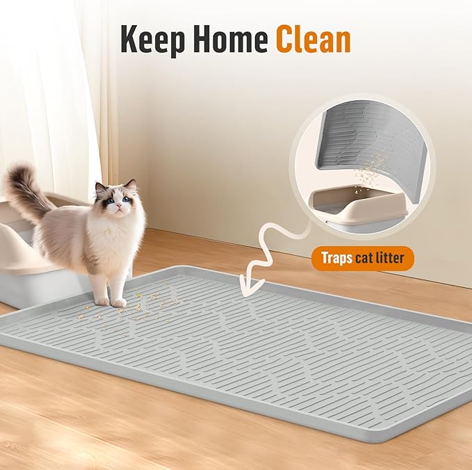 Silicone Cat Litter Mat, 55" x 38" Extra Large Cat Litter Box Mat Litter Trapping Mat for Scatter Control, Waterproof, Soft on Kitty Paws, Clean Floor (Grey)