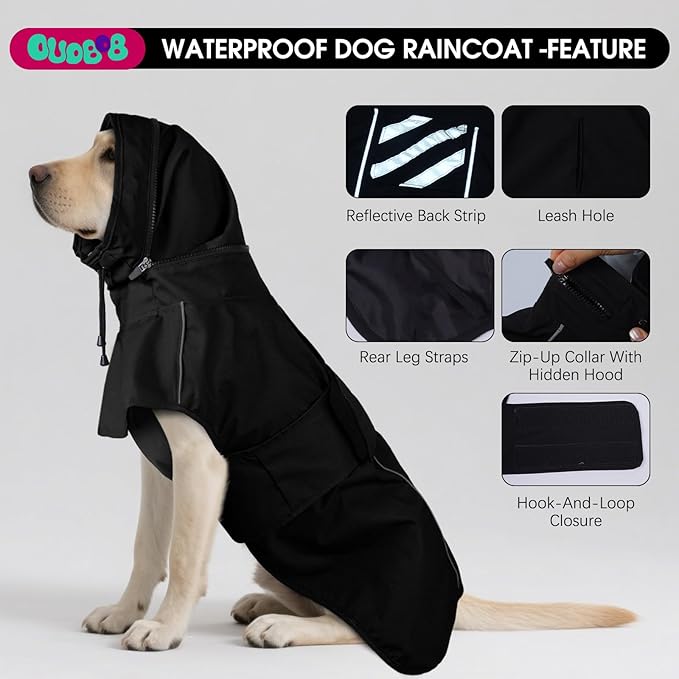 Dog Raincoats for Large Dogs with Hood, Waterproof Dog Rain Jacket with Leash Hole, Reflect Strips, Ideal for Rain, Snow, Windy Weather & Outdoor Walks, Camping, Hiking- Black XXXL