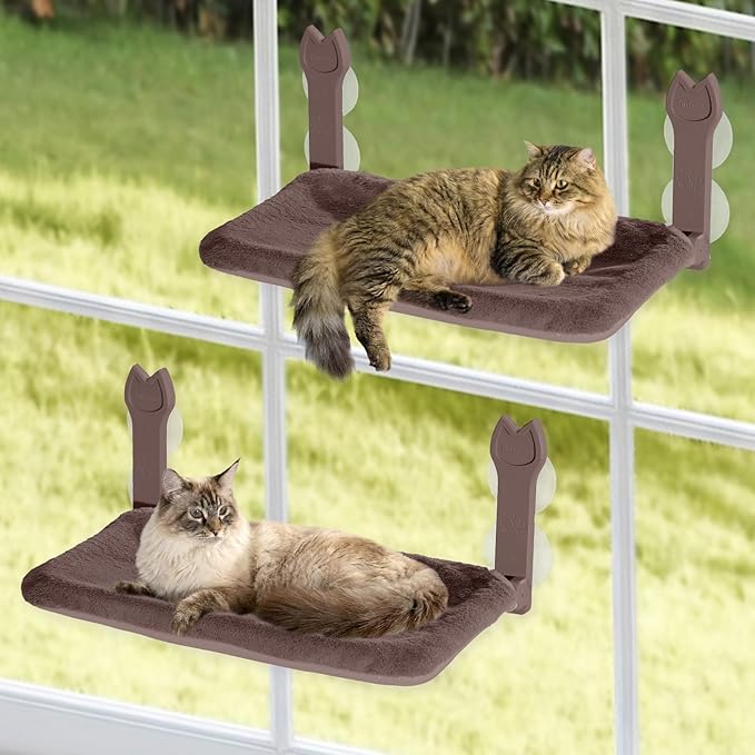 2 Pack Cat Window Perch,Cat Window Hammock Cordless Foldable Window Bed with 4 Large Strong Suction Cup,Reversible Cushion Cover,Metal Frame Easy to Adjust Window Seat Holds up to 40lbs(Brown，M)