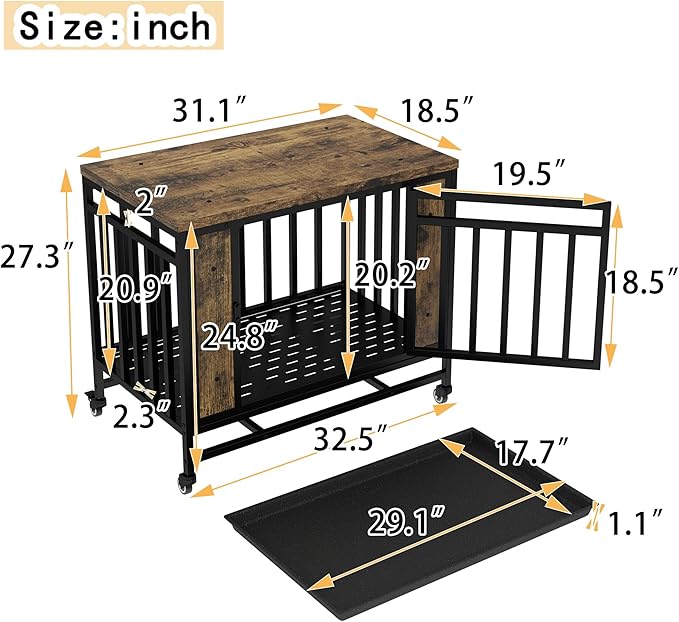 32 Inch Heavy Duty Dog Crate Furniture, Indestructible Wooden Dog Cage Kennel with Lockable Wheels and Removable Tray, Indoor Escape Proof Dogs House for Small Medium Dogs for Living Room Bedroom