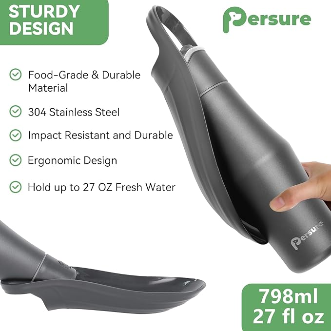 27 OZ Dog Water Bottle Portable Stainless Steel Convenient Pet Water Dispenser, Leak Proof Puppy Travel Water Bowl for Dog Outdoor Walking, Hiking, Perfect Size for All Dog Breeds, Whole Grey