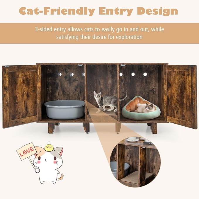 Tangkula Double Cat Litter Box Enclosure for 2 Cats, Large Stackable Hidden Privacy Washroom Cabinet, Indoor House TV Stand With Scratching Board, Litter Box Furniture (Rustic Brown)