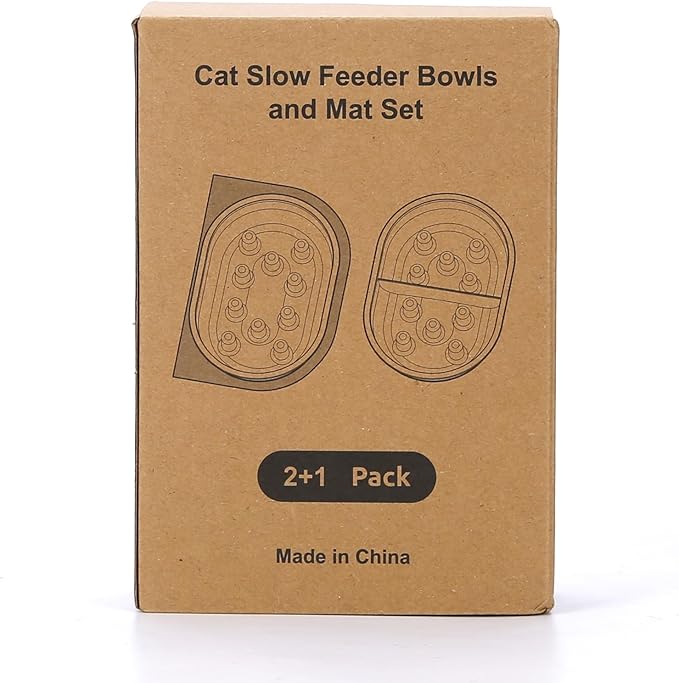 Cat Slow Feeder Bowls and Mat Set for Automatic Pet Care Feeder, YOIHABV 1 Slow Feed Single Bowl, 1 Puzzle Feeding Split Bowl, 1 Mat, Promote Healthy Eating, Non-Slip and BPA-Free, Easy to Clean