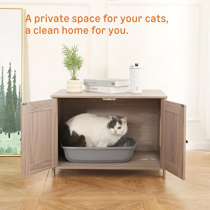 Amazon Basics Cat Litter Box Enclosure Furniture, Wooden Pet House and Hidden Litter Box for Indoor Cats, 27.6" × 19.7" ×19.7", Beige