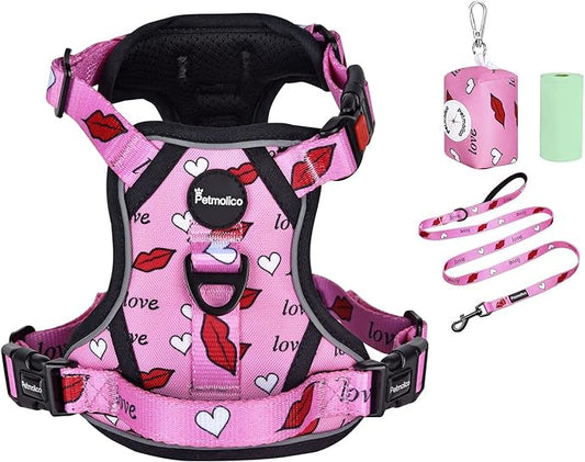 Petmolico No Pull Dog Harness Set with Leash Attachment Easy Control Handle Reflective Harness Vest Small Breed, Puppy Vest and Leash Set with Poop Bag Holder, Small - Red Lips