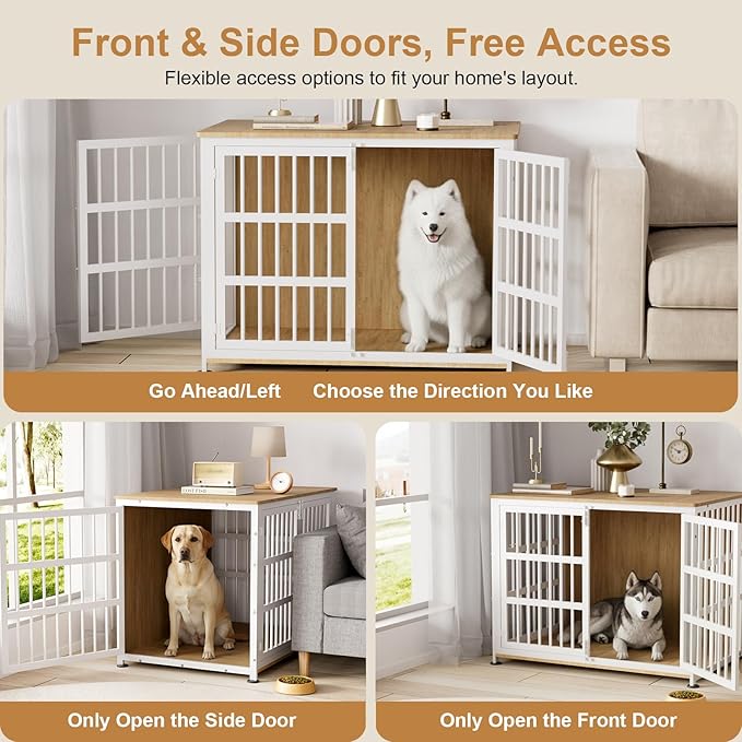 42" Furniture Style Large Dog Crate with Wheels, Metal Chew-Resistant Dog Kennel Indoor for Large & Medium Dogs, 41.9" W x 28.3" D x 31.7" H, Decorate House as TV Stand, End Table — Natural and White