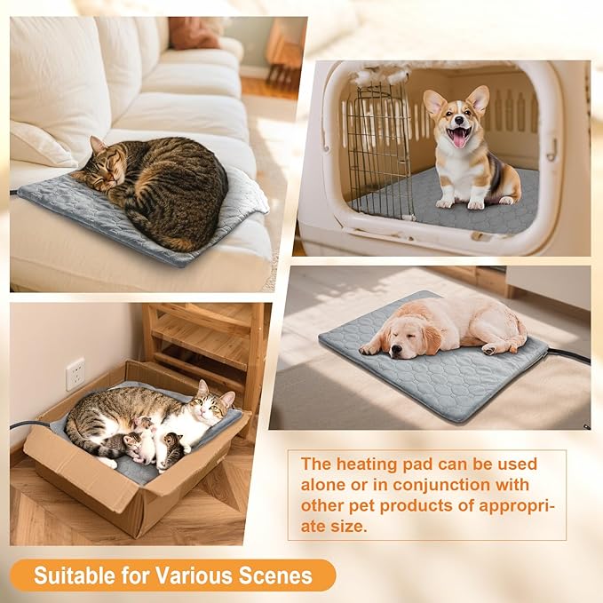 Cat Heating Pad, 6 Adjustable Temperature & 5 Timer Options, 17.7'' x 17.7'' Pet Heating Pad for Cats Dogs, Waterproof Indoor Outdoor Electric Heated Cat Bed Dog Mat with Chew-Resistant Cord (Grey)