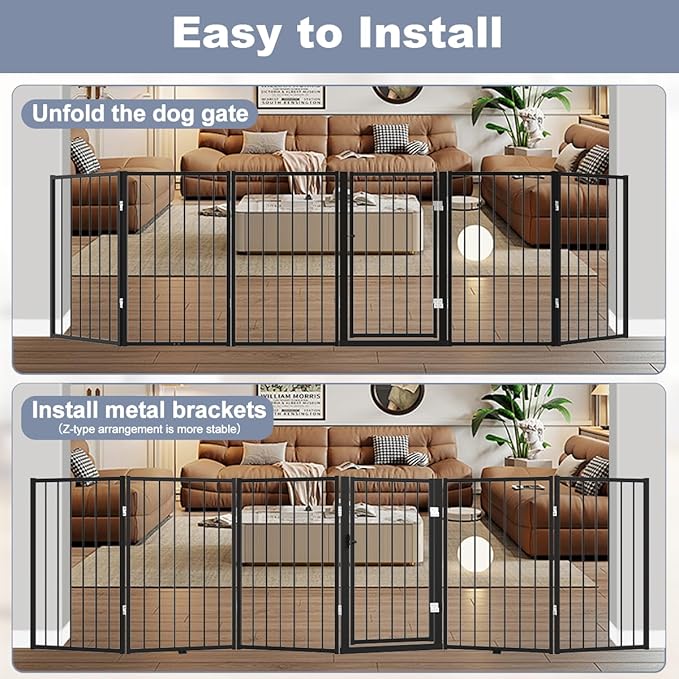 Free Standing Dog Gate with Door,120'' Extra Wide 32'' Tall Metal Dog Gates for Doorways, Foldable Pet Gate Fence Indoor & Outdoor for Stairs,Hallways,Decks,Porch,Yard (6 Panels,Black)