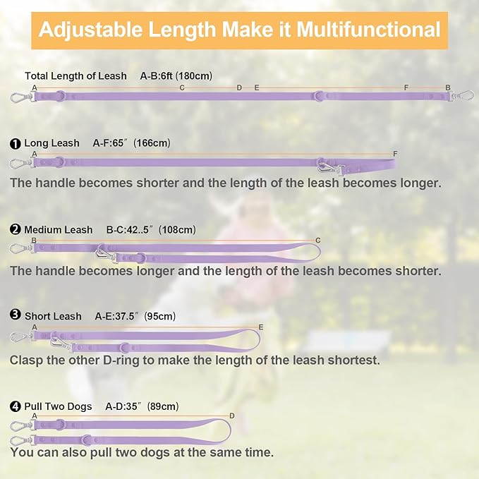 Wisedog Waterproof Dog Leash – 5ft/6ft Adjustable with 2 Metal Swivel Hooks, Easy to Clean Dog Leashes for Small, Medium, Large Breed Dogs (Lilac L)