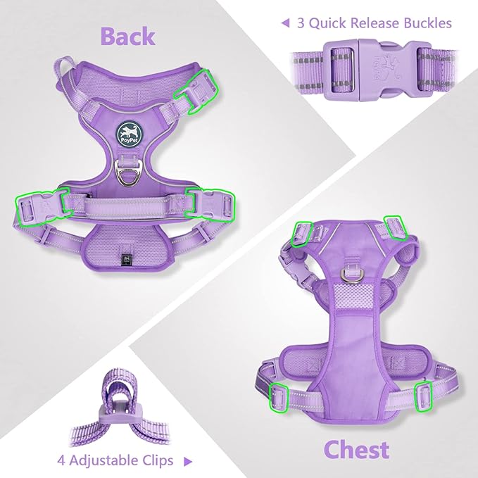 PoyPet No Pull Dog Harness, No Choke Reflective Dog Vest, Adjustable Pet Harnesses with Easy Control Padded Handle for Small Medium Large Dogs(Light Purple Matching Trim,L)