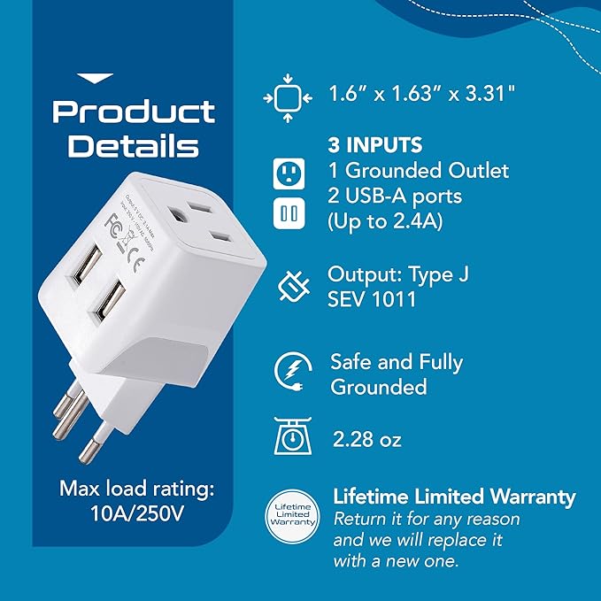 Ceptics Switzerland Travel Plug Set - with 2 USB + USA Socket Input - Type J and Type C- Ultra Compact - Safe Grounded Perfect for Cell Phones, Laptops, Camera Chargers