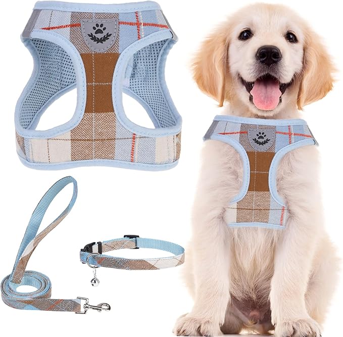 PUPTECK Adjustable Dog Harness Collar and Leash Set Step in No Pull Pet Harness for Small Medium Dogs Puppy and Cats Outdoor Walking Running, Soft Mesh Padded Reflective Vest Harnesses, BlueBrown S