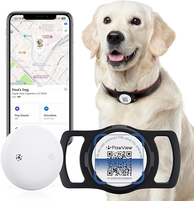Smart Pet Tracker for Collar - Dog Trackers Location for Pet with Holder, No Monthly Fee, Real-Time Tracking, iOS Only, Emergency Contact, Long-Lasting, Anti-Lost Tracker for Cats, Bag Straps, Black