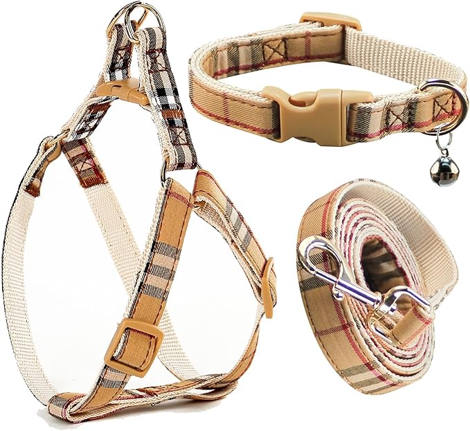 Cute Plaid Dog Collar Harness and Leash with Safety Buckle - Adjustable and No Pull Comfortable Dog Collars for Small Puppy, Stylish Durable Gift for Boy Girl Pets