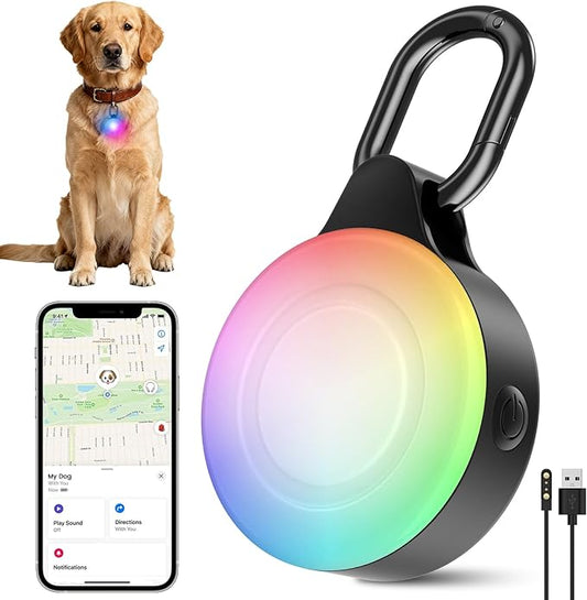 Dog Light with GPS Tracker, Anti-Lost Waterproof Dog Collar Light for Night Walking, Camping, 6 Modes IP68 Rechargeable LED Pet Tracking Lights, Work with Apple Find My, No Monthly Fee(iOS only)