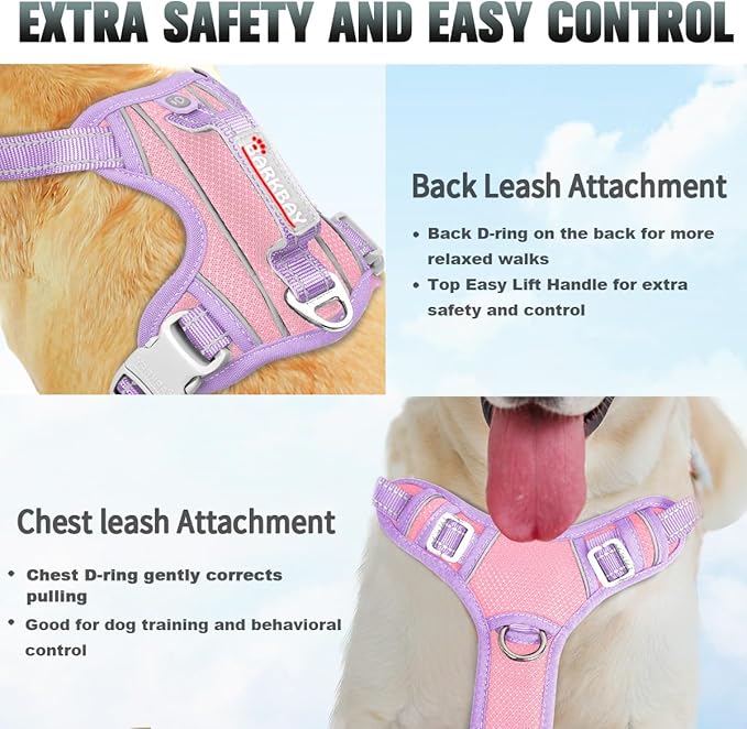 BARKBAY No Pull Dog Harness Large Reflective Dog Harness with Front Clip and Easy Control Handle for Walking Training Running with ID tag Pocket(Baby Pink & Violet Purple,M)