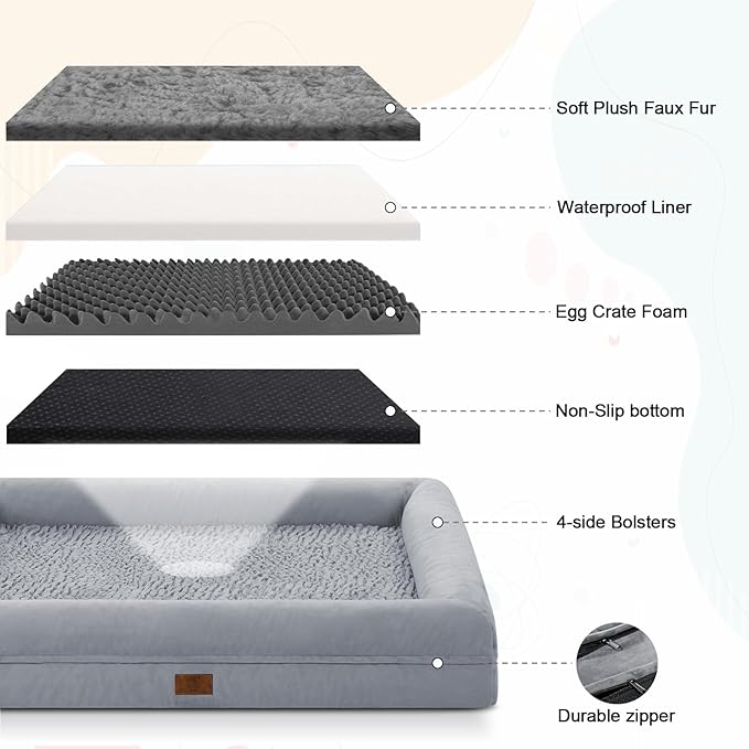 XL Dog Bed for Large Dogs, Orthopedic Dog Bed Egg Crate Foam with Removable Washable Cover, Waterproof Non-Slip Big Pet Sofa with 4-Sides Removable Bolster, Grey