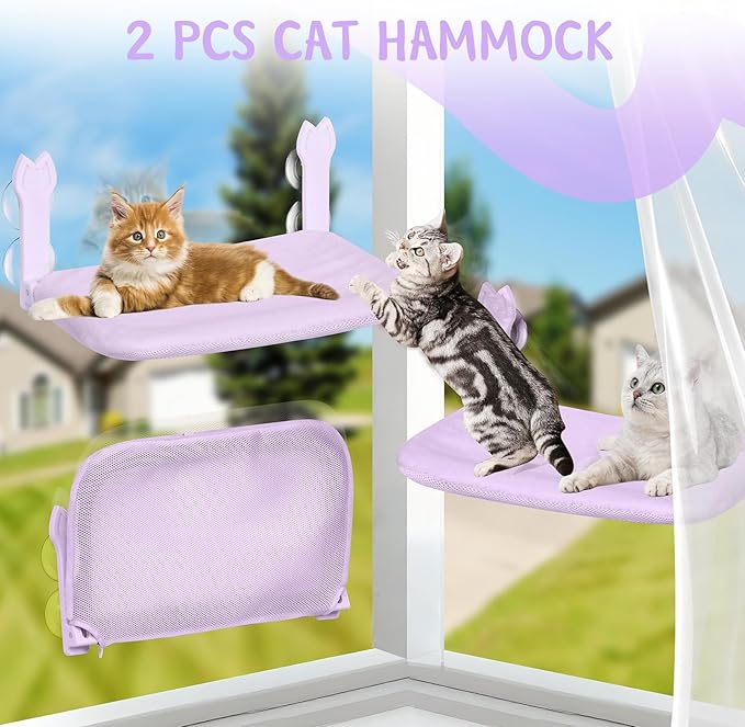 2 Pack Cat Window Perch,Cat Window Hammock Cordless Foldable Window Bed with 4 Large Strong Suction Cup,Reversible Cushion Cover,Metal Frame Easy to Adjust Window Seat Holds up to 40lbs(Purple，M)