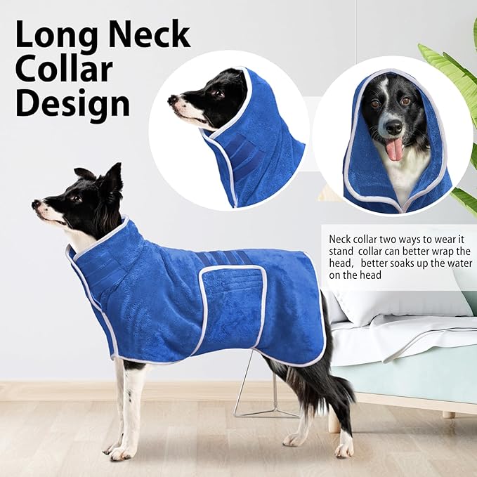 Dog Bathrobe Towel Dog Drying Coat - Super Absorbent Towels Bath Robe for Dogs Large, Soft Adjustable Collar & Belly Strap Fast Drying Coat Pet Cat Bath Robe (Medium Blue‌, 3X-Large)