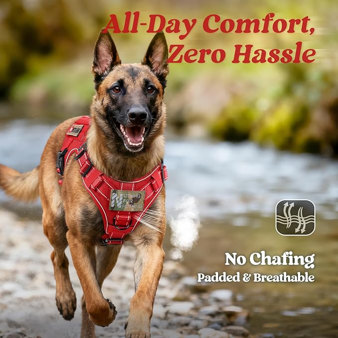 rabbitgoo Tactical Dog Harness Medium Sized, No Pull Upgraded Reflective Heavy Duty Molle Vest with Handle, Adjustable Military Service Dog Vest for Walking Hiking Training, Red, M