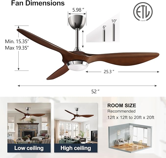 reiga 52 Inch ETL Listed High CFM Quiet DC Motor Smart Ceiling Fans with Lights Remote Control, Indoor 3 Blade Modern Ceiling Fan for Living Room Bedroom Farmhouse
