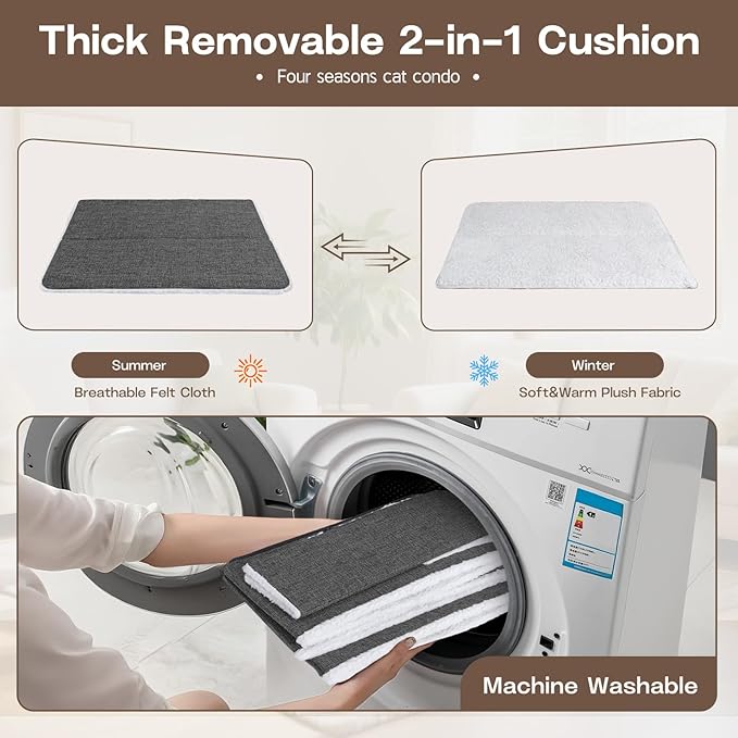 Cat Houses for Indoor Cats - Large Cat Bed Cave with Fluffy Ball and Scratch Pad, Foldable Cat Condo Hideaway for Multi Small Kitten & Pet, Grey