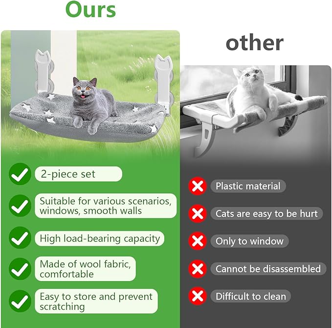 2 Pack Cat Window Perch, Glow in The Dark Foldable Cat Window Hammock with Sunken Design, Removable Soft Cover, Breathable Cordless Window Bed for Cats Inside Holds up to 40lbs (Grey, 2 Pack)