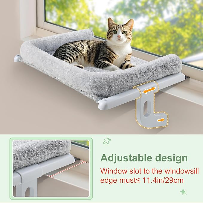 Sunhoo Cat Window Perch Hammock Sturdy Windowsill Bed Seat for Large Cats No Drilling No Suction Adjustable Kitty Shelf with Washable Cover Easy Assembly Holds up to 40 lbs 24.8 * 15 in (Grey, L)