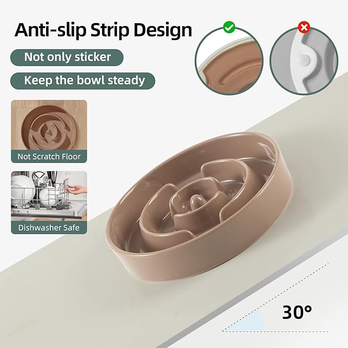 Ceramic 3.2 Cup Slow Feeder Dog Bowl for Large Dog, 9.5inch Puzzle Food Dish, Anti-Gulping, Stop Bloat, Preventing Choking (Single Bowl-Brown Coffee)