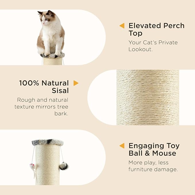 Joydeco Cat Scratching Post 34 Inches Heavy Duty and Thick Scratching Post Sisal Rope with Hanging Ball and Mice for Indoor Cats(Grey)